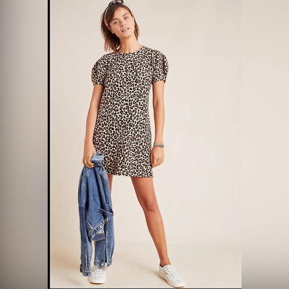 Anthropologie Velvet Size S Jolene Leopard Puff-Sleeved Mini Dress NEW! - Picture 1 of 7